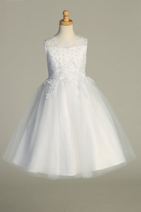Girls Pearl Sequin Embroidered Tulle Tea Length Communion Dress 6-12